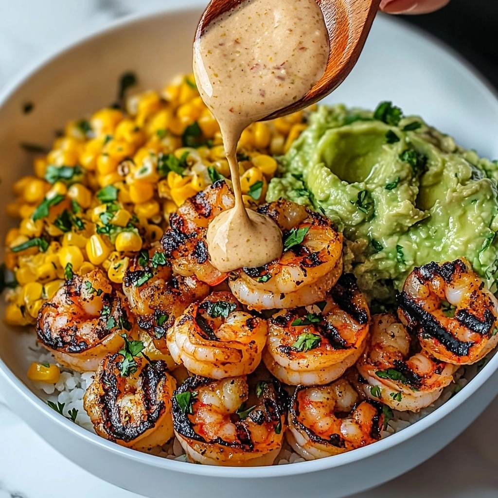 Grilled Shrimp Bowl with Avocado, Corn Salsa & Creamy Sauce Recipe - Recipe Image