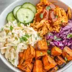 BBQ Chicken Bowls with Sweet Potatoes, Coleslaw, and Pickles Recipe