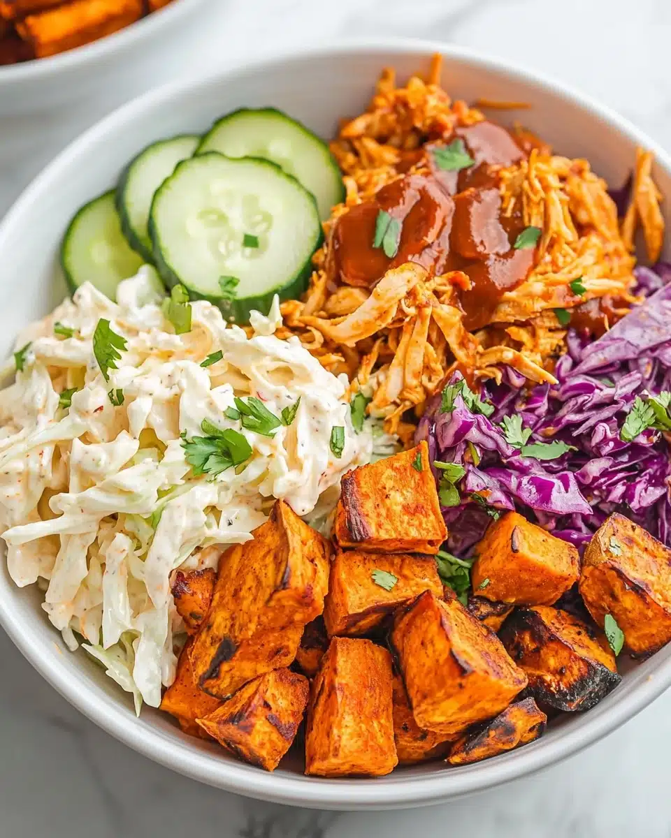 BBQ Chicken Bowls with Sweet Potatoes, Coleslaw, and Pickles Recipe