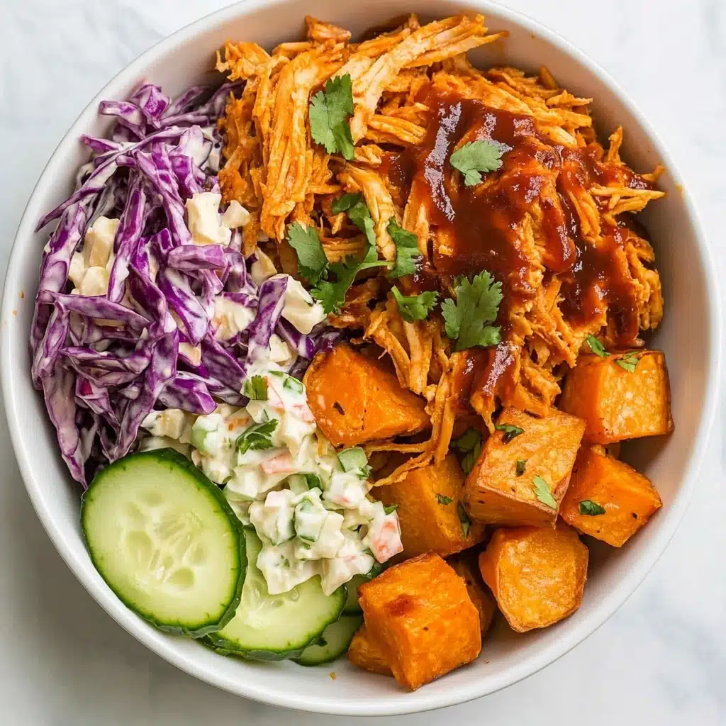 BBQ Chicken Bowls with Sweet Potatoes, Coleslaw, and Pickles Recipe - Recipe Image