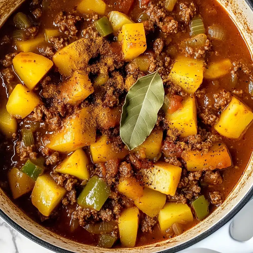 Mexican Picadillo, Mexican Picadillo Recipe, Easy Mexican Picadillo, Beef Picadillo, Authentic Mexican Picadillo This image shows a hearty stew in a white pot, with a visible layer of chunky golden-yellow potato pieces mixed evenly with small crumbles of browned meat, all coated in a thick reddish-brown sauce. Mixed among the potatoes and meat are bits of green bell pepper and a whole bay leaf, adding specks of green color and texture. A wooden spoon rests in the pot, partially coated in sauce, highlighting the dish’s rustic look. The pot sits on a white marbled texture surface, with a bit of brown cloth partially visible at the bottom corner.