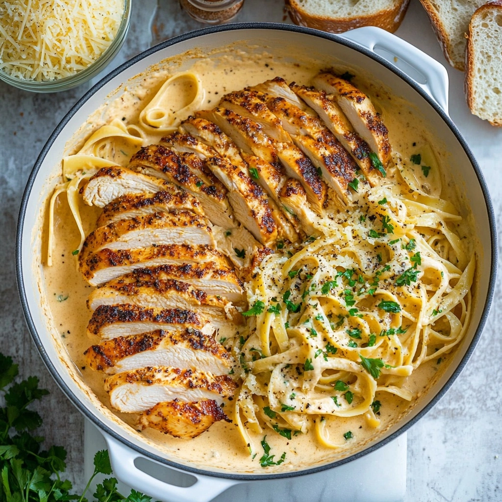 Creamy Cajun Chicken Pasta, Cajun chicken pasta recipe, easy Cajun pasta, quick creamy chicken pasta, spicy Cajun pasta This dish shows fettuccine pasta mixed in a creamy, orange-tinted sauce, with slices of golden-brown chicken layered throughout. The pasta is topped with scattered flakes of white parmesan cheese and small bits of chopped green parsley. The noodles are glossy and coated in sauce, with some visible black pepper specks. Everything is presented in a white plate, placed on a white marbled texture background.