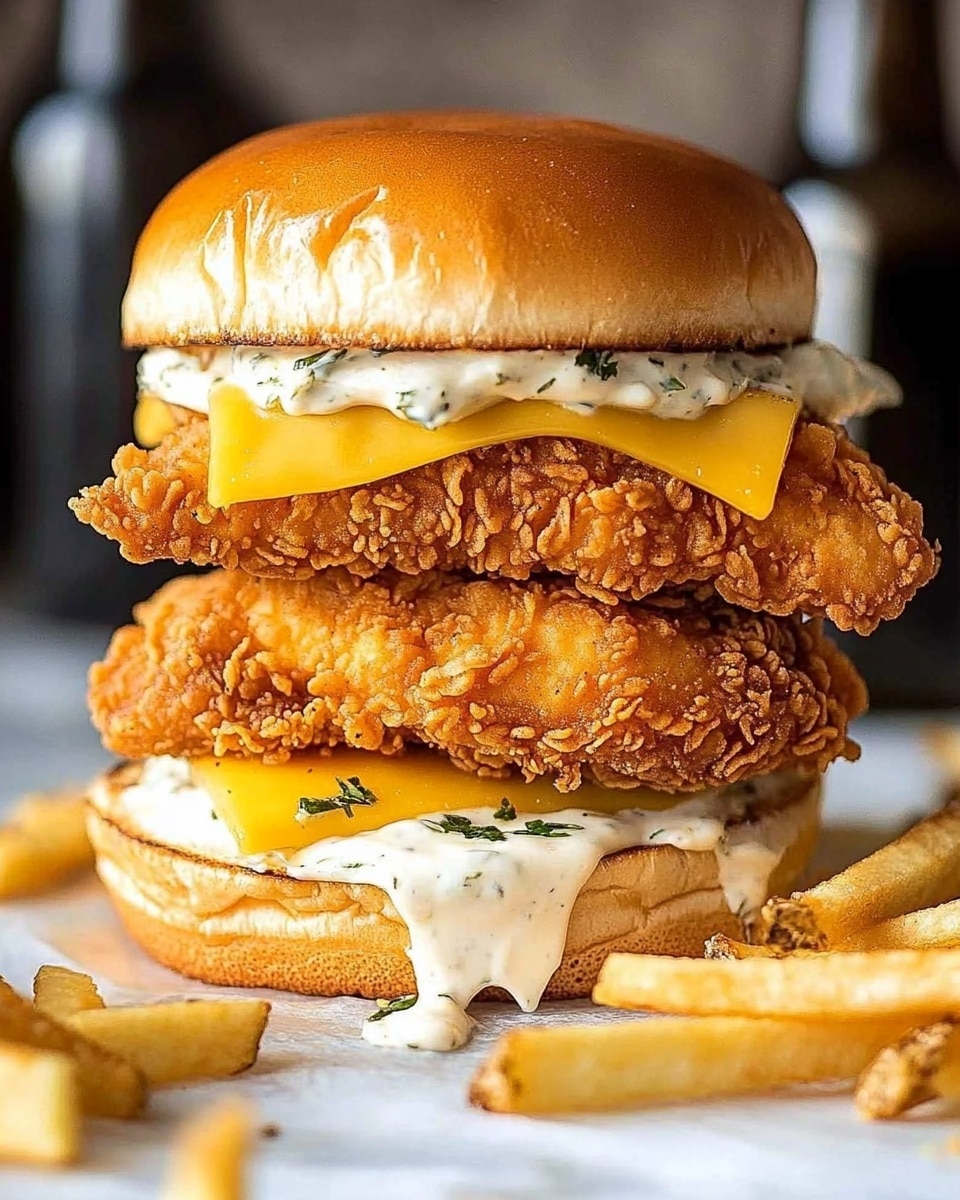 Homemade Baked Filet-O-Fish Burger, crispy fish fillets, tartare sauce recipe, healthy fish burger, DIY fish sandwich A close-up photo shows a sandwich with three main layers inside a soft, shiny brown bun. The bottom layer is a crispy, golden-brown fried patty with a rough texture. On top of the patty is a smooth, melting slice of bright yellow cheese that drapes slightly over the edges. Above the cheese, there is a thick scoop of white sauce with small green herb specks, giving it a creamy look. The sandwich sits on a piece of white paper on a white marbled surface, with some thin golden fries scattered around it. In the background, there is a brown paper bag filled with more fries and a glass with a dark soda, both slightly out of focus. The