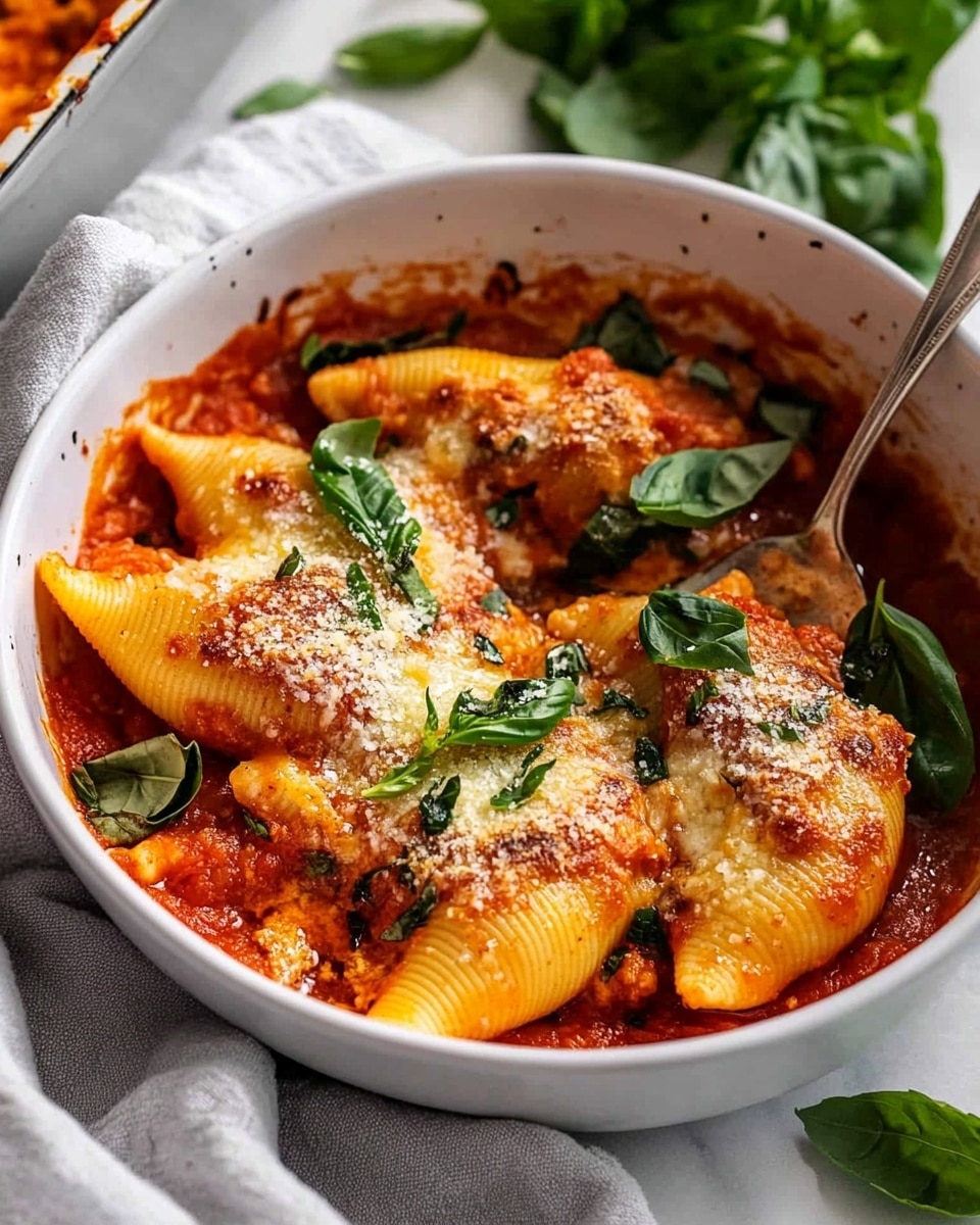 Spinach Ricotta Stuffed Shells with Tomato Sauce, Stuffed Shells, Spinach Ricotta Pasta, Baked Shells with Tomato Sauce, Vegetarian Italian Pasta The image shows a white round bowl filled with three large pasta shells stuffed and covered with a thick, deep red tomato sauce. The shells have a slightly textured, golden-orange baked appearance with some cheese melted on top. Fresh green basil leaves are scattered over the pasta and sauce, adding bright green contrast. Grated white cheese is sprinkled lightly over one side of the pasta. The bowl is placed on a soft light gray cloth on a white marbled surface, with more fresh basil leaves near it. Behind the bowl, a white rectangular baking dish also filled with the same pasta dish is slightly visible. A woman's hand is holding a spoon inside the bowl, ready to scoop.