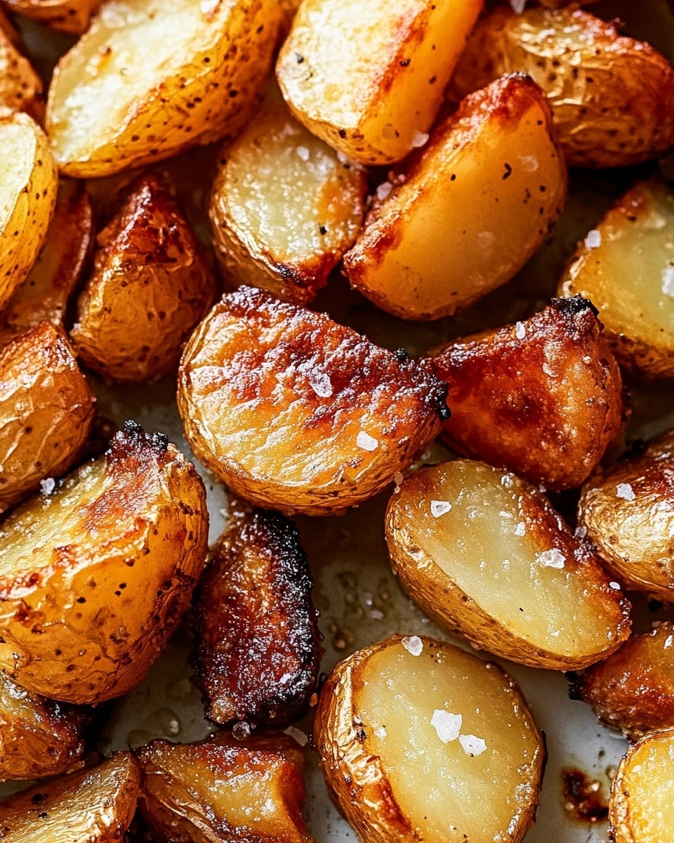 Crispy Oven Roasted Potatoes, crispy roasted potatoes easiest method, how to make crispy oven potatoes, perfect oven roasted potatoes, crispy potato side dish The image shows many pieces of roasted potatoes closely packed together. Each potato piece is golden brown with darker crispy edges and a slightly shiny texture from cooking oil. The potato pieces vary in shape but are mostly small, thick wedges or chunks. Some pieces have a rough, crispy outer layer while others have a smoother, soft-looking inside. Coarse salt flakes are sprinkled over some pieces, catching the light. The close-up view fills the entire frame with these warm-toned, well-roasted potatoes on a white marbled surface.