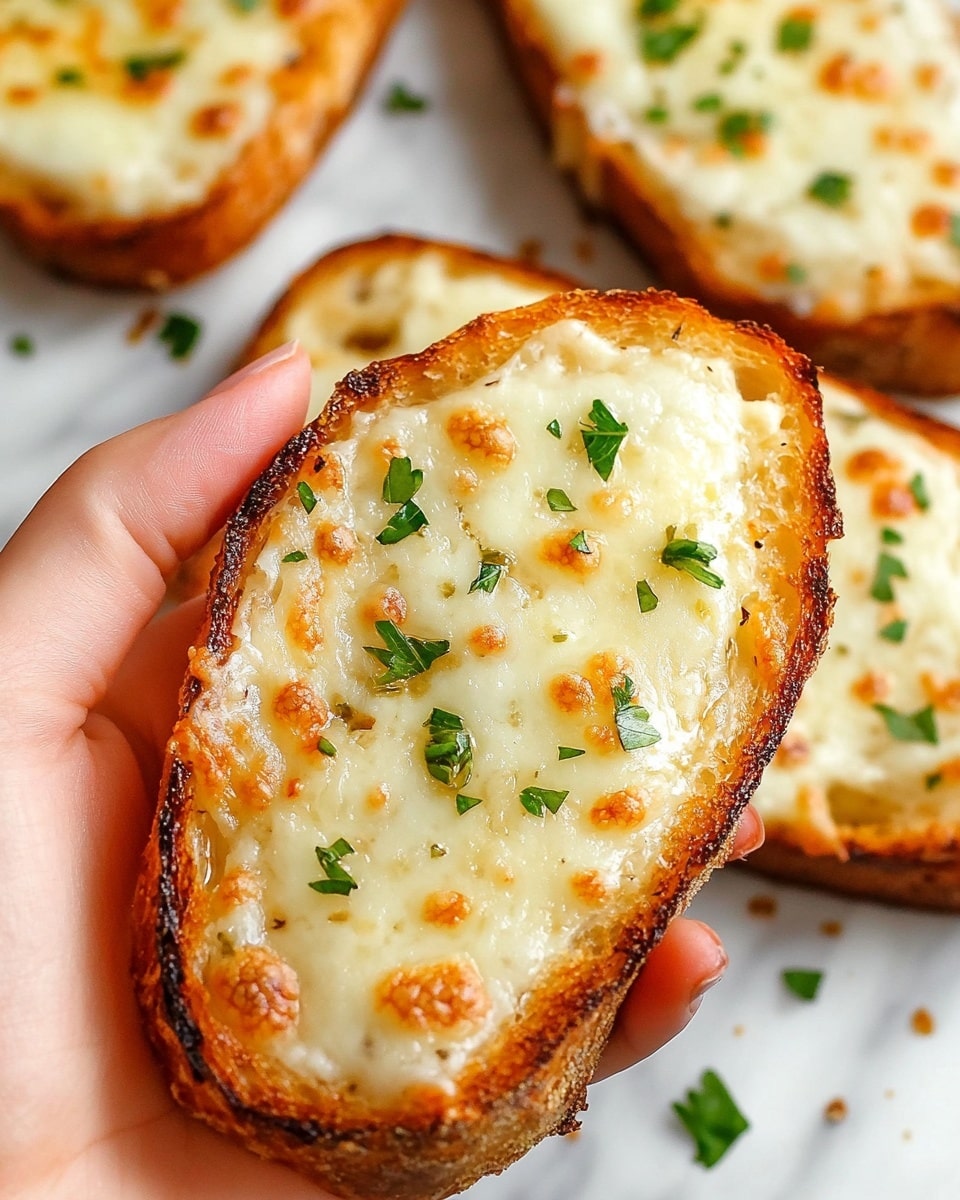 World's Best Cheesy Garlic Bread, cheesy garlic bread recipe, cheesy garlic bread ideas, how to make cheesy garlic bread, cheesy garlic bread tips A close-up shows a woman's hand holding a toasted bread slice with one visible layer of melted white cheese, slightly browned and bubbly, topped with small green chopped herbs. The bread is golden-brown and crispy around the edges. In the blurred background, several similar toasted bread slices with the same cheese and herb topping lay on a white marbled surface. The texture of the bread is crunchy and the melted cheese looks creamy and soft.