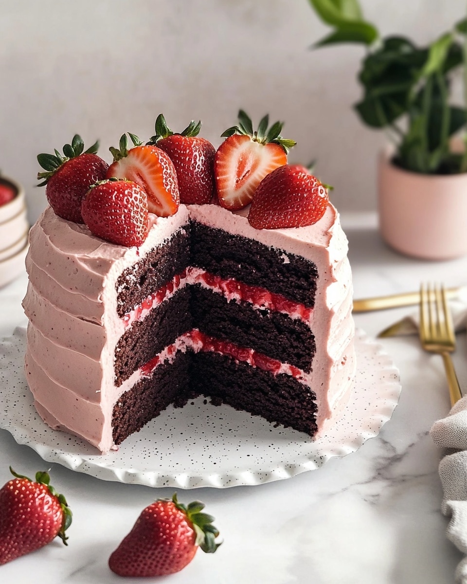 Strawberry Chocolate Cake with Strawberry Jam and Cream Cheese Frosting,Chocolate and Strawberry Cake,Homemade Strawberry Jam,Cream Cheese Frosting,Festive Chocolate Cake A tall slice of three-layer dark chocolate cake is being lifted, showing thick pink frosting on the outside and between the layers, with red strawberry jam filling visible inside each layer. The cake is covered in smooth, light pink frosting with whole fresh strawberries pressed into the sides and placed on top. The remaining cake sits on a white speckled plate on a white marbled surface, with extra strawberries around it. The background is softly lit with sunlight and blurred kitchen elements.