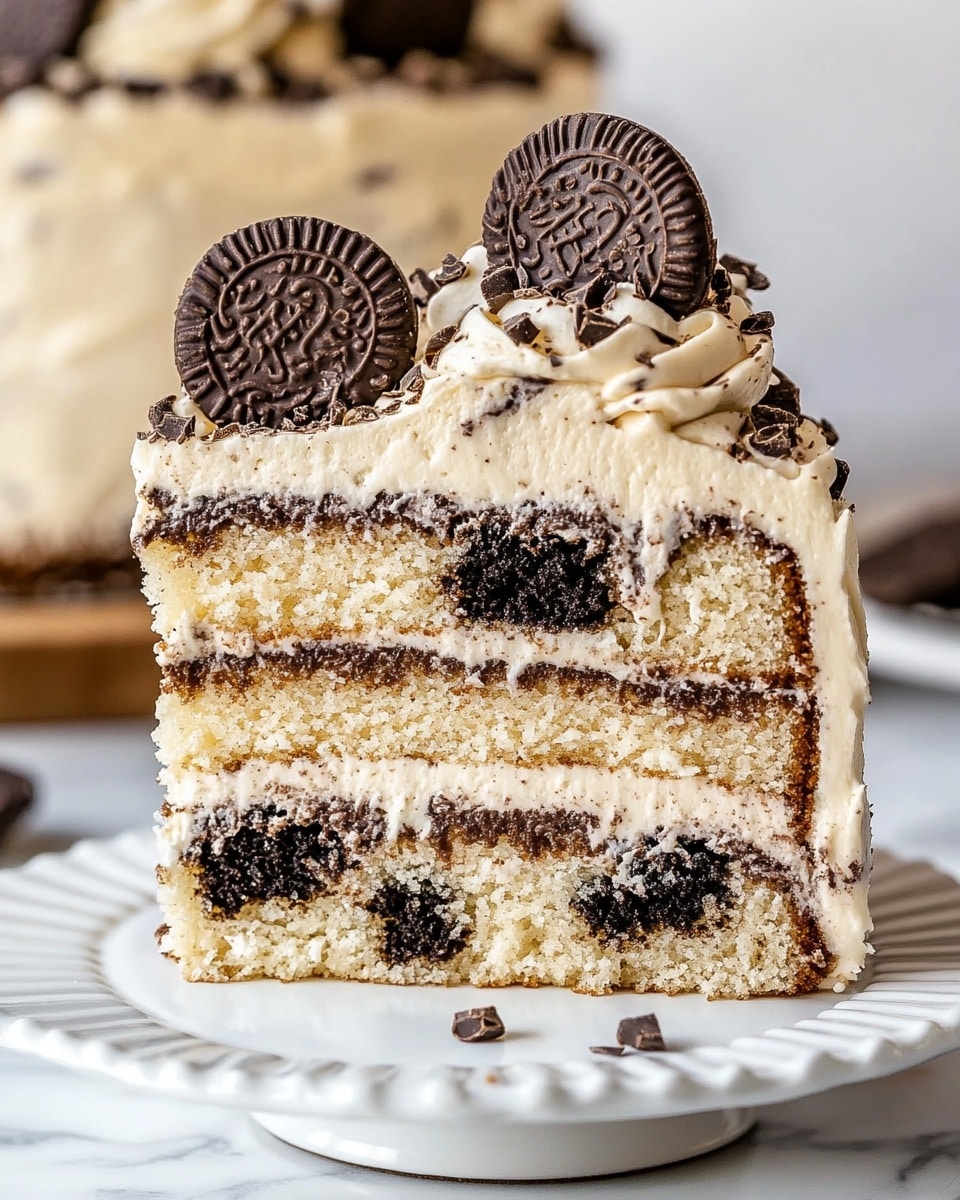 Cookies and Cream Cake, cookies and cream dessert, Oreo cake, layered cookies and cream cake, easy cookies and cream cake The image shows a three-layer vanilla cake with dark cookie bits mixed inside each light yellow layer. Between the layers is a creamy light brown frosting with cookie crumbs. The outside of the cake is covered in smooth dark chocolate icing. On top, there is a ring of small swirls of the same light brown frosting, each topped with a half dark cookie. The cake sits on a thick wooden board with a rough bark edge, and there are whole dark cookies scattered around on a white marbled surface.
