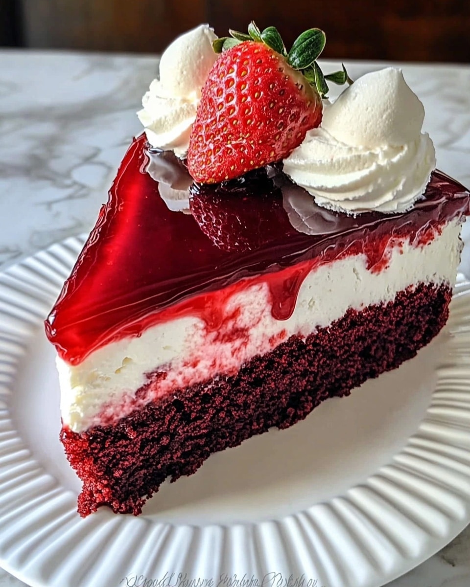 Red Velvet Strawberry Cheesecake, strawberry cheesecake recipe, red velvet dessert, easy cheesecake with strawberries, luxurious layered cheesecake A slice of layered cake is shown on a white plate with a ridged design, placed on a white marbled surface. The cake has three main layers: the bottom layer is dark red and crumbly, the middle layer is thick and creamy white with a smooth texture, and the top layer is a bright, glossy red jelly-like surface with a slightly uneven top. On the top edge of the slice, two whole strawberries and some dollops of white whipped cream add decoration. The lighting highlights the glossy red layer and the juicy texture of the strawberries