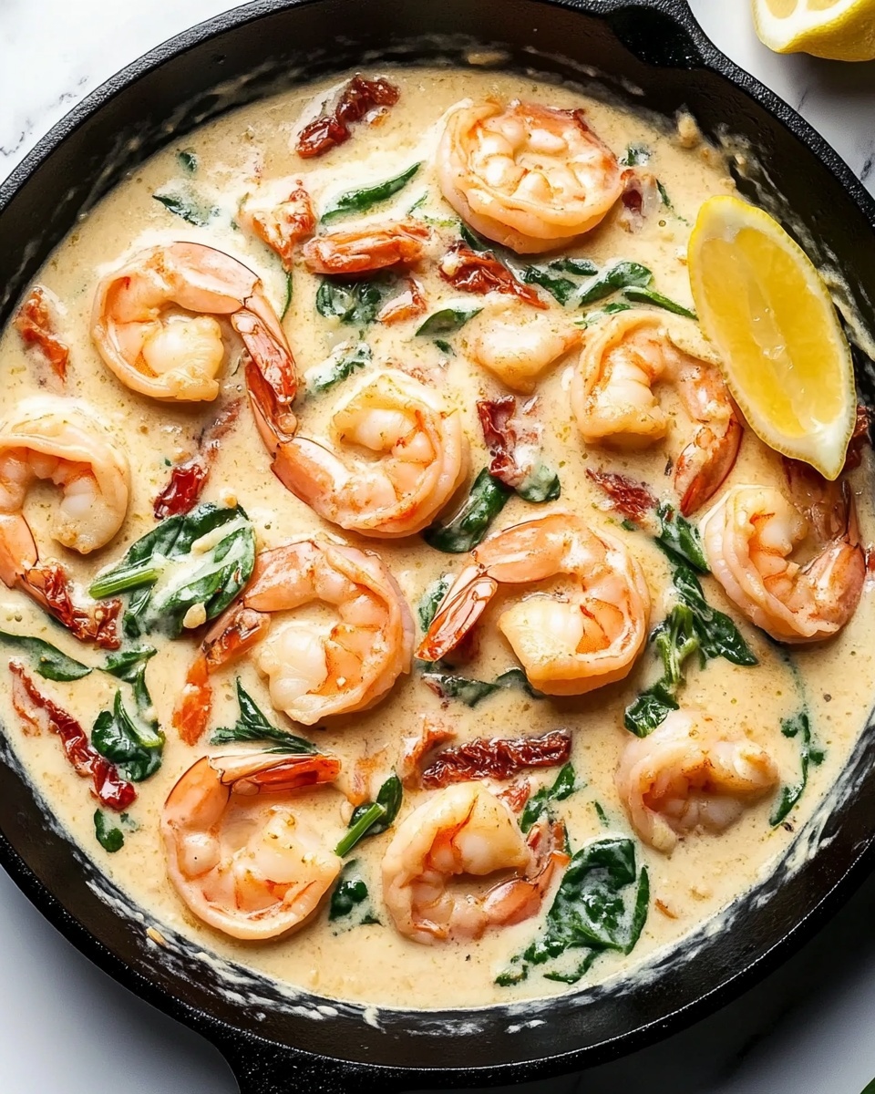Creamy Tuscan Shrimp, Easy Shrimp Dinner, Garlicky Shrimp Recipes, Sun-Dried Tomato Shrimp, Weeknight Seafood Meals The dish shows a white bowl filled with creamy mashed potatoes as the bottom layer, soft and smooth with some small lumps. On top of this, there is a creamy sauce mixed with bright orange shrimp, wilted dark green spinach leaves, and small pieces of reddish sun-dried tomatoes. The shrimp look tender and slightly shiny, coated in the light-colored sauce speckled with black pepper. The sauce covers parts of the mashed potatoes and ingredients, creating a rich and creamy texture. The bowl sits on a white marbled surface.