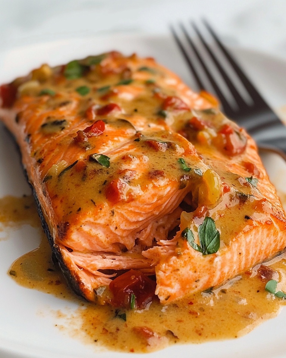 Marry Me Salmon with Sun-Dried Tomato Cream Sauce, salmon dinner recipes, easy seafood recipes, quick weeknight salmon dish, romantic salmon dinner A close-up view of a round black pan with three pieces of grilled fish fillets lying side by side in a thick, orange creamy sauce with visible small chunks of tomato and herbs. The fish fillets are light brown with some darker grilled marks. The sauce is dotted with green small chopped herbs scattered on top and around the fish. The pan sits on a white marbled surface.