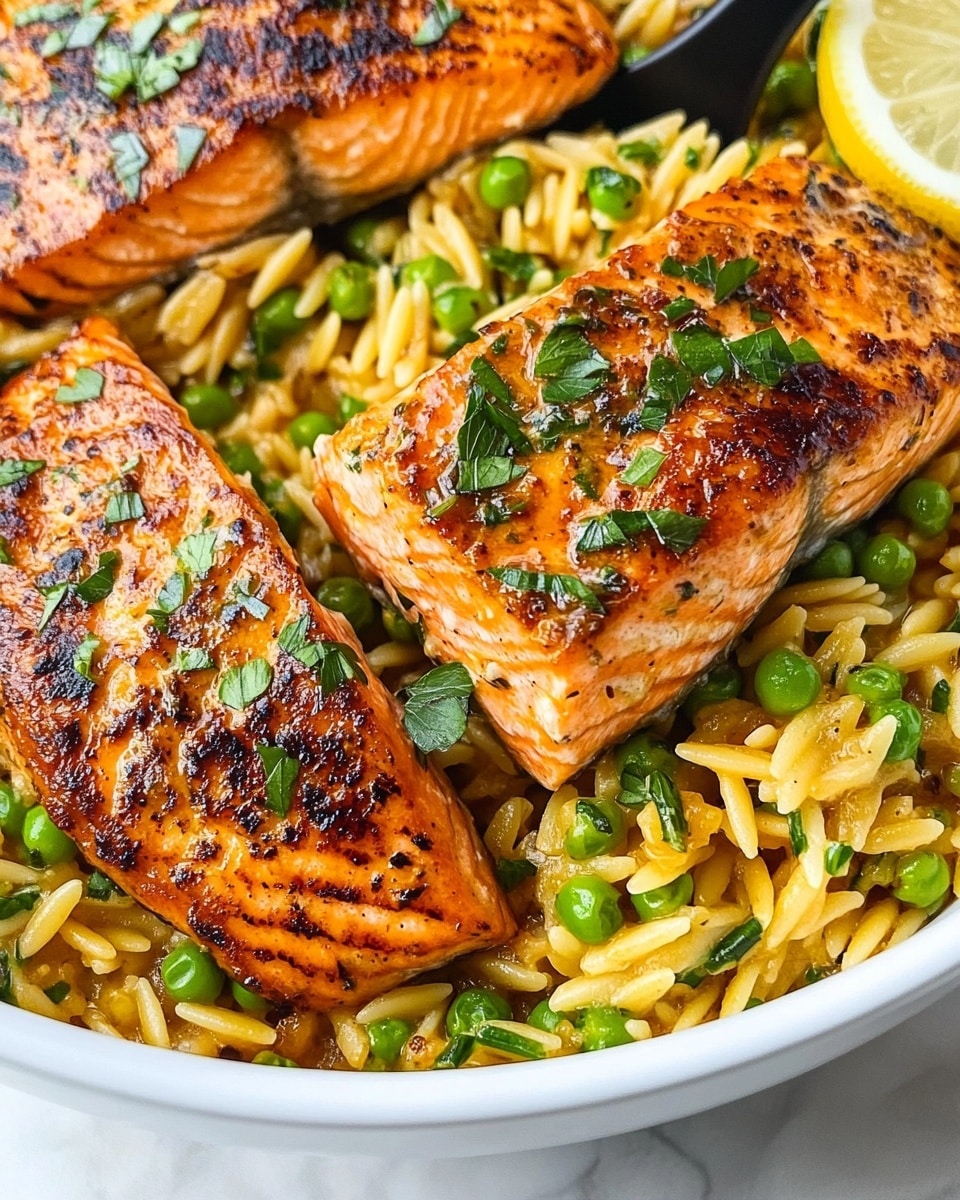 One-Pan Lemon Orzo and Salmon, Lemon Orzo with Salmon, Healthy Salmon Dinner, One-Pan Seafood Recipes, Easy Salmon Pasta A white bowl with a yellow pattern holds a dish with three main layers. The bottom layer is a mix of small, pale yellow rice-shaped pasta and green peas, all cooked with small pieces of onion and herbs, giving a colorful and textured look. On top of this is a golden-brown cooked fish fillet, sprinkled with finely chopped green herbs. A thin, bright yellow lemon slice sits on the fish, adding a fresh touch. A black spoon rests inside the bowl, with a piece of the fish on it. The bowl is placed on a white marbled surface.