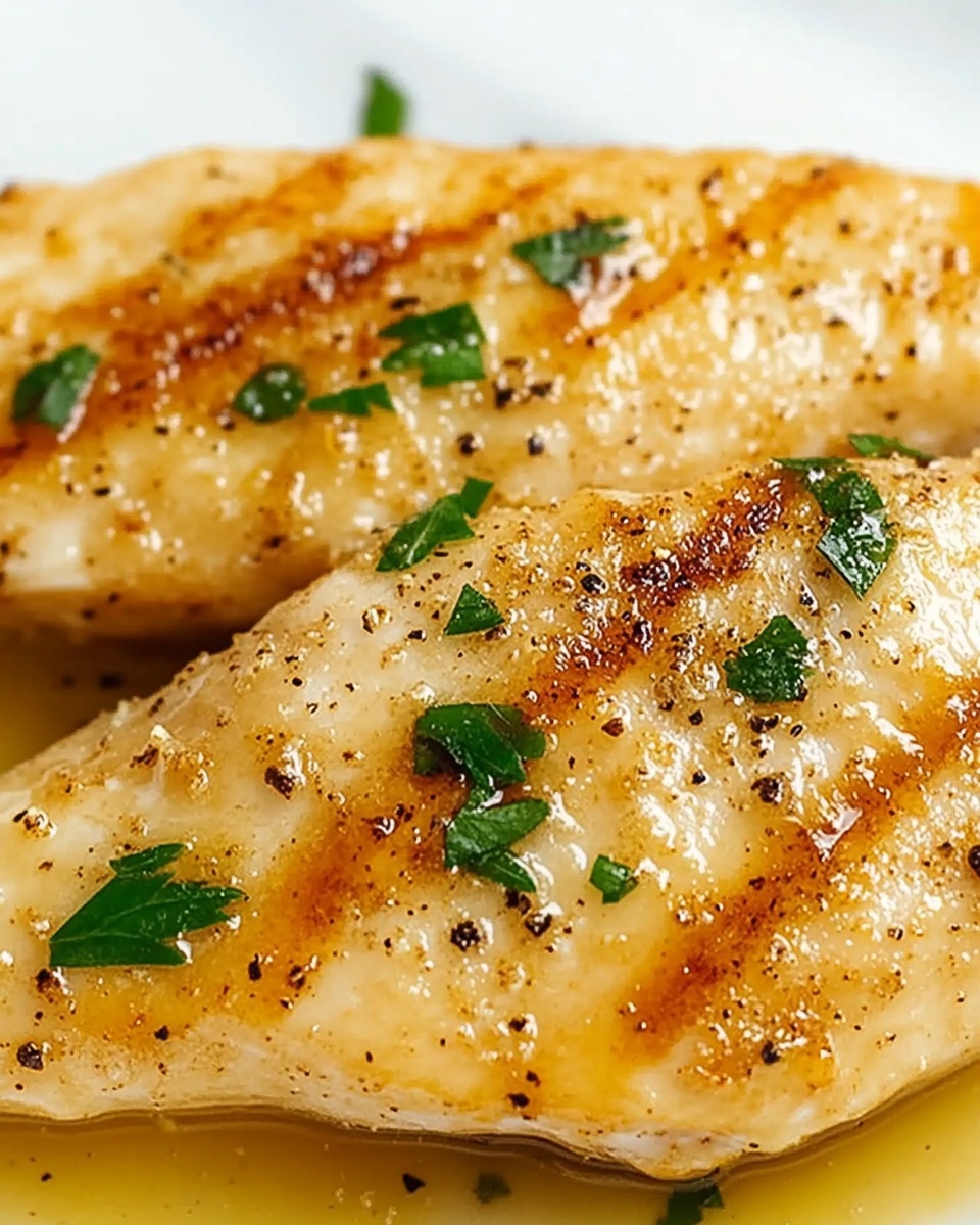 Two golden brown grilled fish fillets with light grill marks are placed side by side on a white plate, glowing with a thin layer of buttery sauce underneath. The fillets are sprinkled generously with small chopped green herbs and bits of black pepper, which add a fresh color contrast. The fish texture looks tender and slightly flaky, with a warm, inviting shine from the sauce. The plate rests on a white marbled surface. photo taken with an iphone --ar 4:5 --v 6.1