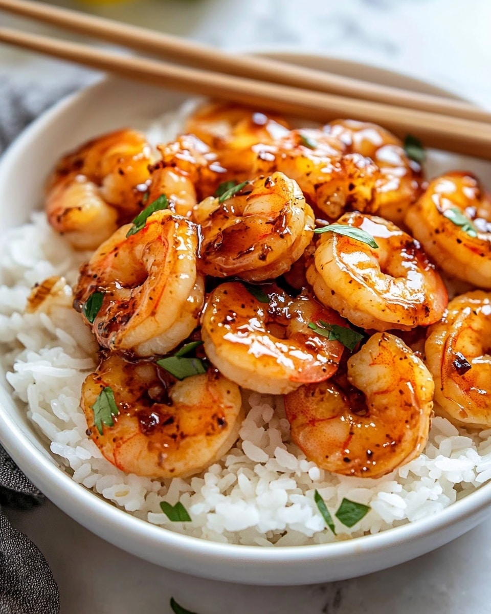 The image shows a white plate filled with a single layer of cooked shrimp covered in a shiny, sticky orange sauce with small bits of red chili and garlic visible, giving a slightly rough texture to the sauce. The shrimp are plump, curled, and golden with some light grill marks. On top, scattered thin slices of green onion add bright green color and freshness to the dish. The plate sits on a white marbled surface, adding a light, clean background to the close-up photo taken with an iphone --ar 4:5 --v 6.1