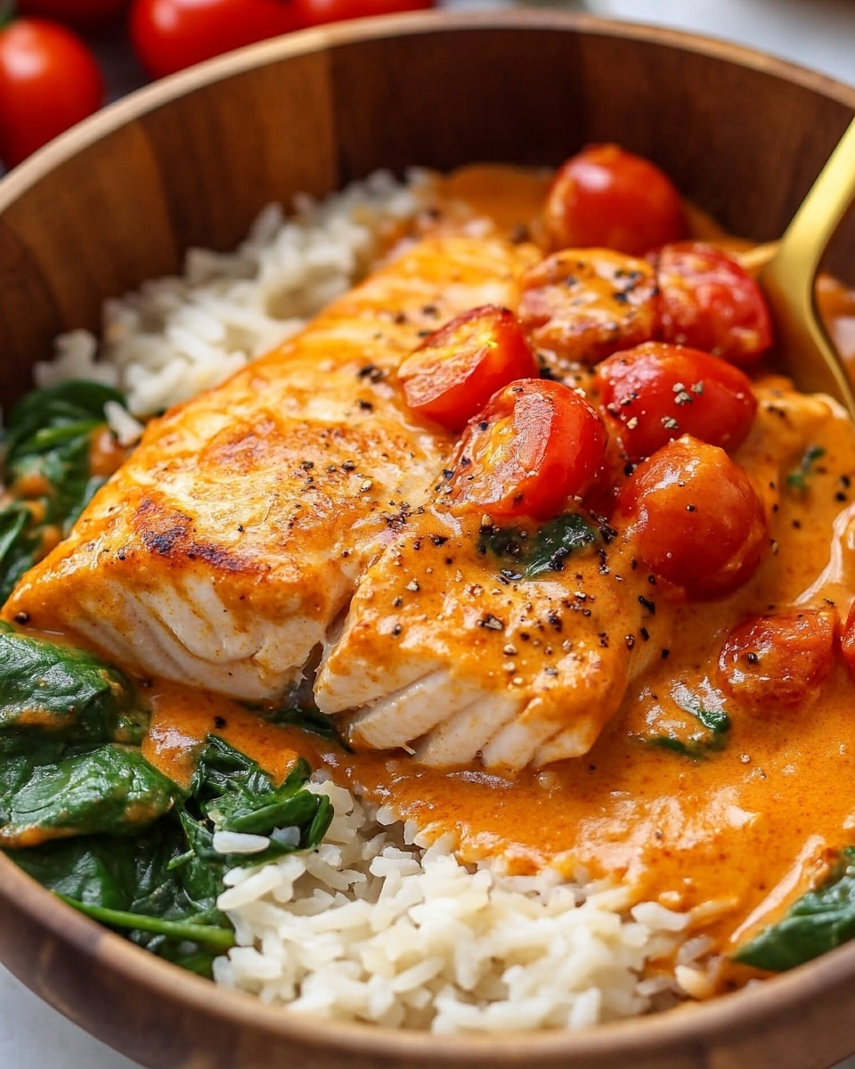 A close-up view of a wooden bowl filled with a dish showing three main layers: a bottom layer of light beige grainy rice on the lower left side, a thick orange creamy sauce covering the middle and right sections with green leafy spinach and bright red cherry tomatoes scattered through the sauce, and a large piece of cooked fish with light pink flaky texture partially sliced on the left side, topped with the sauce and sprinkled with black pepper. A golden spoon rests inside the bowl on the right side, and in the background there is a bowl of red cherry tomatoes resting on a white marbled surface. Photo taken with an iphone --ar 4:5 --v 6.1