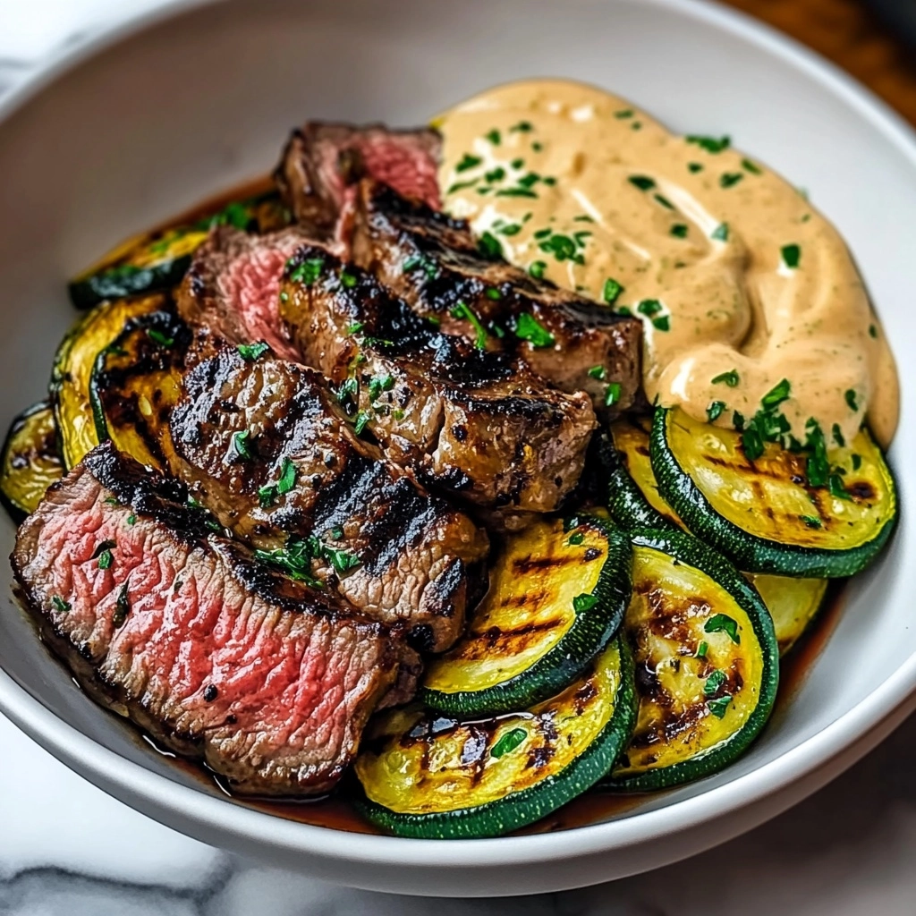 Grilled Steak Bowl with Creamy Sauce & Grilled Zucchini Recipe - Recipe Image