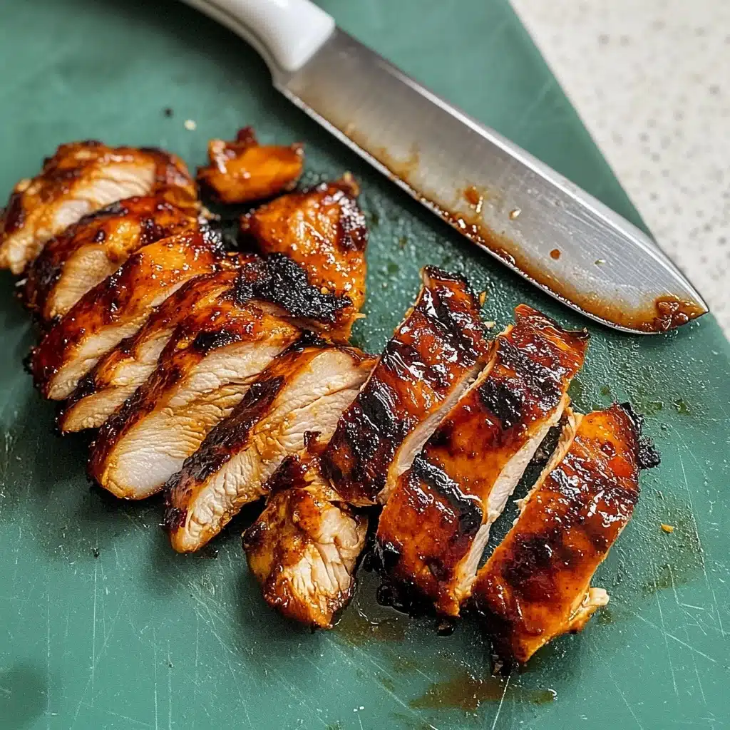 BBQ Chicken Thighs, Grilled Chicken Thighs, Baked BBQ Chicken, Smoked Chicken Thighs, Juicy Chicken Thighs Several pieces of grilled chicken, shiny with a dark orange glaze and bits of char on the edges, are sliced into strips and arranged on a textured green cutting board. The chicken shows a two-layer look, with a well-cooked brown and sticky outside layer and a moist light beige inside. A large silver knife with a white handle sits above the meat, smudged with bits of sauce. The background surface has a white marbled texture.