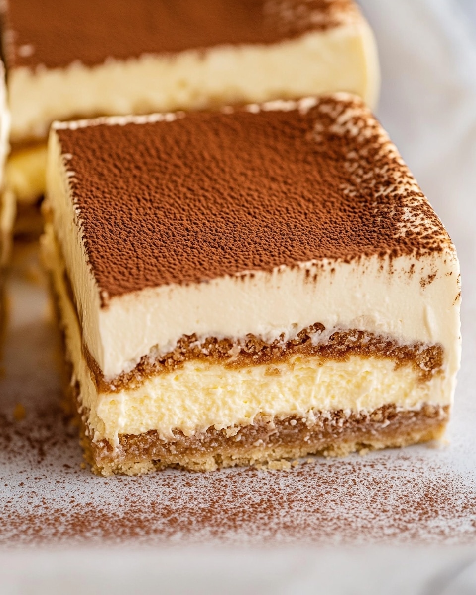 Best Classic Italian Tiramisu, authentic Italian Tiramisu, homemade Tiramisu, traditional Tiramisu recipe, easy Tiramisu dessert The image shows a close view of a square slice of tiramisu on a white plate with soft, uneven edges. The dessert has four clear layers: the bottom layer is a soaked brown sponge that looks moist and textured, followed by a thick creamy off-white mascarpone layer. Above this is another layer of sponge soaked in coffee, darker and textured, and finally topped with another thick mascarpone layer. The top surface is evenly dusted with a fine layer of dark cocoa powder, giving it a rich brown color and velvety texture. In the background, another similar slice is visible but blurred, all set on a white marbled surface with a soft-focus coffee bean near the bottom edge of the frame.