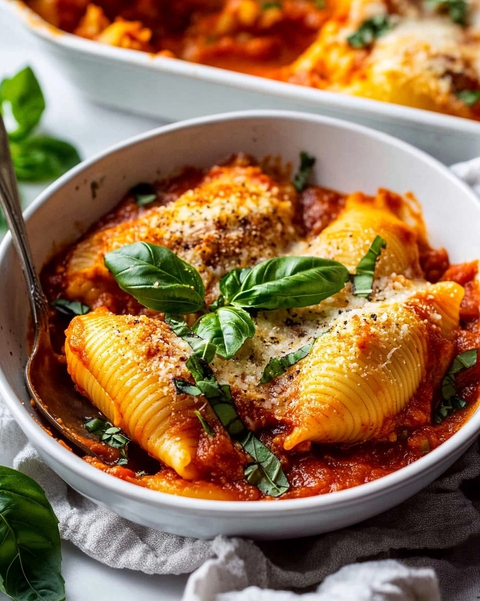 Spinach Ricotta Stuffed Shells with Tomato Sauce, Stuffed Shells, Spinach Ricotta Pasta, Baked Shells with Tomato Sauce, Vegetarian Italian Pasta A white baking dish filled with a baked lasagna showing several thick layers. The bottom layer is a deep red tomato sauce, followed by creamy white cheese layers mixed with golden melted cheese on top that is slightly browned and bubbly. Fresh green chopped herbs like basil are sprinkled on top, adding a pop of color. The edges of the baking dish have some sauce stains, showing the lasagna was freshly made. The dish is on a white marbled surface, with a large spoon with a wooden handle nearby.