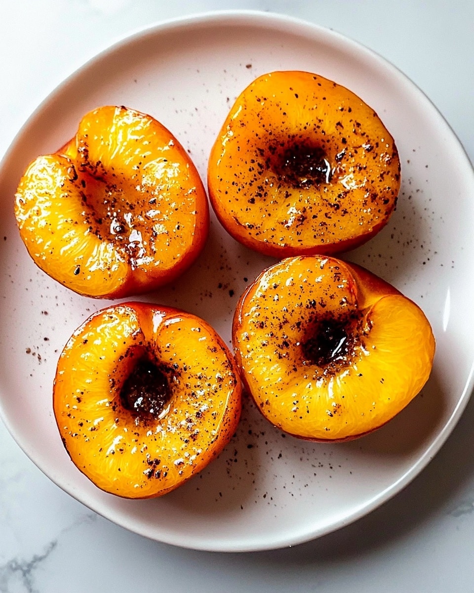 Pan-Fried Caramelized Peaches with Cinnamon and Ginger, caramelized peach dessert, easy peach recipe, summer fruit dessert, cinnamon ginger peaches The image shows two close-up halves of roasted apricots with a shiny, orange-golden surface speckled with small black seasoning bits, displaying a glistening texture from their cooked juices. Each apricot half is slightly indented in the middle, revealing a smooth, soft inside with a few tiny bubbles and a rich amber color. The background is completely dark, making the warm apricot colors stand out strongly.