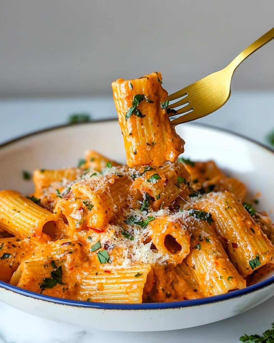 Creamy Tomato Garlic Rigatoni, easy tomato garlic pasta, quick creamy pasta recipes, flavorful rigatoni dishes, comforting pasta ideas The image shows rigatoni pasta covered in a thick, creamy orange sauce with visible herbs and small bits of red pepper mixed in. The pasta is in a white bowl with a thin blue rim, and it looks soft and well-coated. Some grated cheese is sprinkled on top, along with scattered fresh green herbs. A golden fork holds a small bundle of three rigatoni pieces above the bowl, angled to show the sauce and herbs clearly. The background has a clean white marbled texture, adding brightness to the scene.
