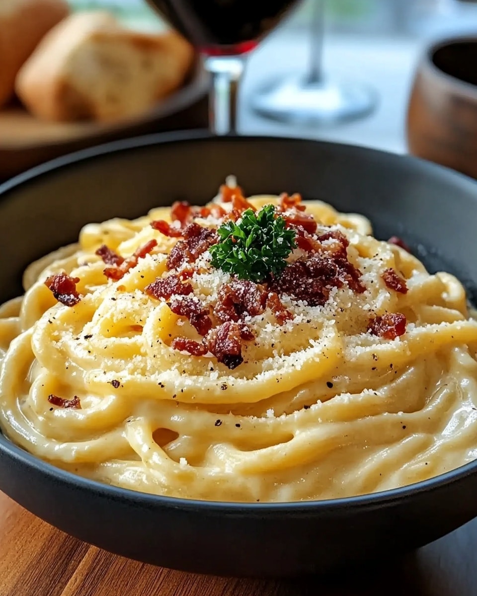 Bacon Carbonara Pasta, classic pasta recipes, quick and easy dinner ideas, creamy bacon pasta, weeknight pasta recipes A close-up of creamy spaghetti carbonara served in a white bowl, with thick layers of pale yellow noodles coated in a smooth, shiny sauce, topped with small pieces of crispy dark reddish-brown bacon, a sprinkling of finely grated white cheese, and cracked black pepper scattered over the top. A small sprig of green herbs sits neatly in the center of the pasta mound. The bowl is on a white marbled surface.