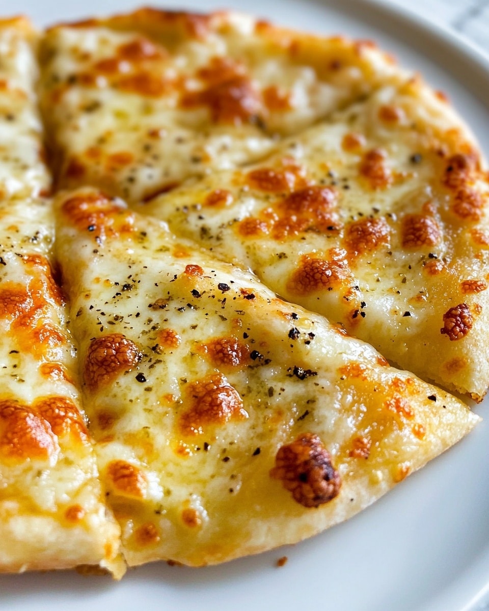 Air Fryer Tortilla Garlic Bread, TikTok garlic bread, easy garlic bread snack, crispy cheesy garlic bread, quick tortilla snack A close-up of a small four-slice cheese flatbread pizza on a white plate, showing a golden-brown crust with bubbly and melted cheese layered on top. The cheese is spread unevenly with browned spots and specks of dried herbs and black pepper scattered over the top. The thin crust has a light golden color and slight crisp edges, and the pizza rests on a clean surface with a white marbled texture.