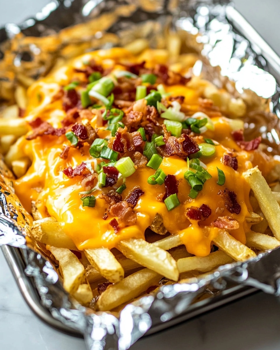 Loaded Cheese Fries, loaded cheese fries recipe, cheesy fries with bacon, crispy loaded fries, easy cheese fries recipe A baking tray holds a crumpled piece of shiny silver foil filled with several layers of food. The bottom layer is light golden French fries, covered unevenly with thick, melted light yellow cheese sauce that drizzles over the fries. On top of the sauce is a scattering of thin, shredded cheddar cheese with a vibrant orange color. Small, diced pieces of crispy, dark reddish-brown bacon bits are lightly spread on the top, adding texture and color contrast. The baking tray rests on a white marbled textured surface.