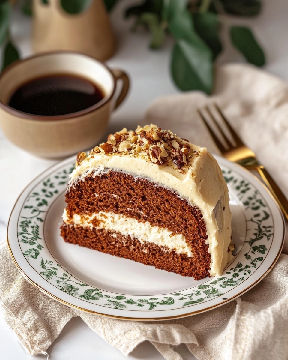 Carrot Bundt Cake with Cream Cheese Filling and Frosting, moist carrot cake, creamy cheesecake filling, festive spring dessert, easy bundt cake recipes A slice of brown cake with a moist look sits on a white plate with green floral patterns. The cake has one thick layer with a creamy white filling in the middle, and it is topped with a smooth white frosting sprinkled with small pieces of nuts. Next to the plate is a gold fork resting on a beige cloth that is folded and placed on a white marbled surface. In the background, there is a brown cup filled with dark coffee and a white pot with green leaves. The