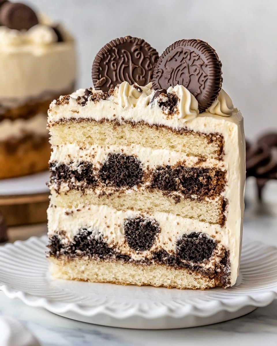Cookies and Cream Cake, cookies and cream dessert, Oreo cake, layered cookies and cream cake, easy cookies and cream cake This image shows a close-up slice of a three-layer cookies and cream cake on a white scalloped plate. The bottom layer is light vanilla cake filled with chunks of dark chocolate sandwich cookies, the middle layer is creamy white frosting with cookie bits, and the top layer is another vanilla cake with cookie pieces mixed in. The entire slice is covered with a smooth chocolate ganache at the very top. On the top edge, there are swirls of light brown frosting decorated with half chocolate sandwich cookies standing upright. In the background, the rest of the cake is slightly blurred and sits on a wooden board on a white marbled surface.