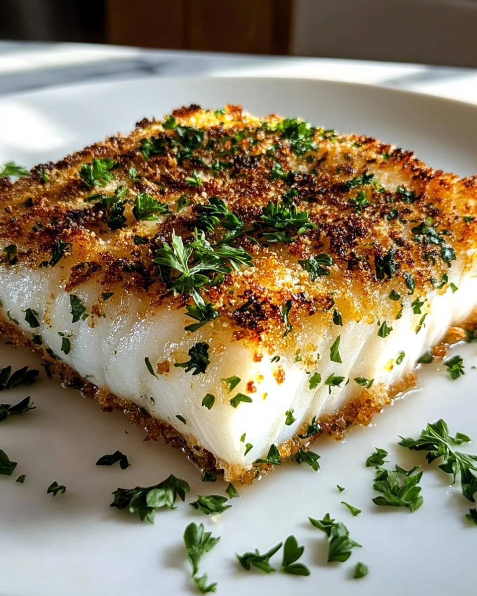 Garlic Parmesan Crusted Halibut, baked fish recipes, quick seafood dinners, flavorful fish dishes, healthy halibut recipes A thick, square piece of white fish is shown with a crispy, golden-brown crust that has small charred spots, covering the top and sides. Fresh green parsley leaves are scattered on top and around the fish, providing a bright contrast to the rich brown crust. The dish sits on a white plate placed on a white marbled surface, with natural light creating soft shadows and highlights that emphasize the texture of the crispy coating and moist fish inside