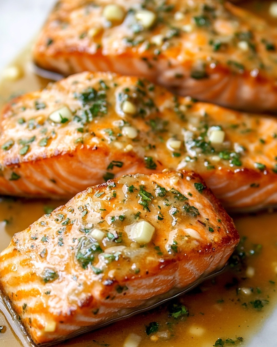 Garlic Butter Salmon with Lemon and Parsley, Lemon Parsley Salmon, Easy Garlic Salmon Recipe, Healthy Salmon Dinner, Quick Fish Recipes A white plate on a white marbled surface holds a dish with three main parts. On the right is a thick, square piece of cooked salmon covered with a light yellow sauce sprinkled with green herbs and small white bits. To the left of the salmon, there are several long, bright green asparagus spears placed side by side, slightly overlapping the salmon. Behind the asparagus, there is a golden-brown crispy fried item, with a rough texture showing crunchy edges. In the bottom left corner of the plate, a small wedge of yellow lemon is visible. A silver fork rests on the right edge of the plate, partly touching the salmon and sauce.