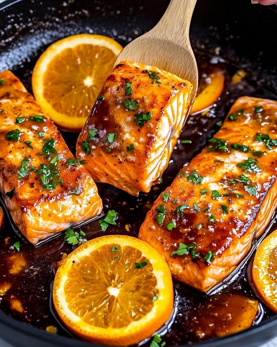 Orange Glazed Salmon, orange glazed salmon recipe, quick salmon dinner, healthy salmon recipes, easy salmon glaze The image shows five pieces of cooked salmon with a shiny, sticky orange glaze on top, giving them a bright orange color with some browning at the edges. Each piece is topped with small green parsley bits, adding a fresh contrast. There are also multiple thick orange slices placed on and between the salmon pieces, showing their juicy texture. The salmon and orange slices rest in a glossy, dark sauce in a pan, which looks thick and rich. The background shows a black surface inside the pan, while the focus stays on the salmon and orange slices.
