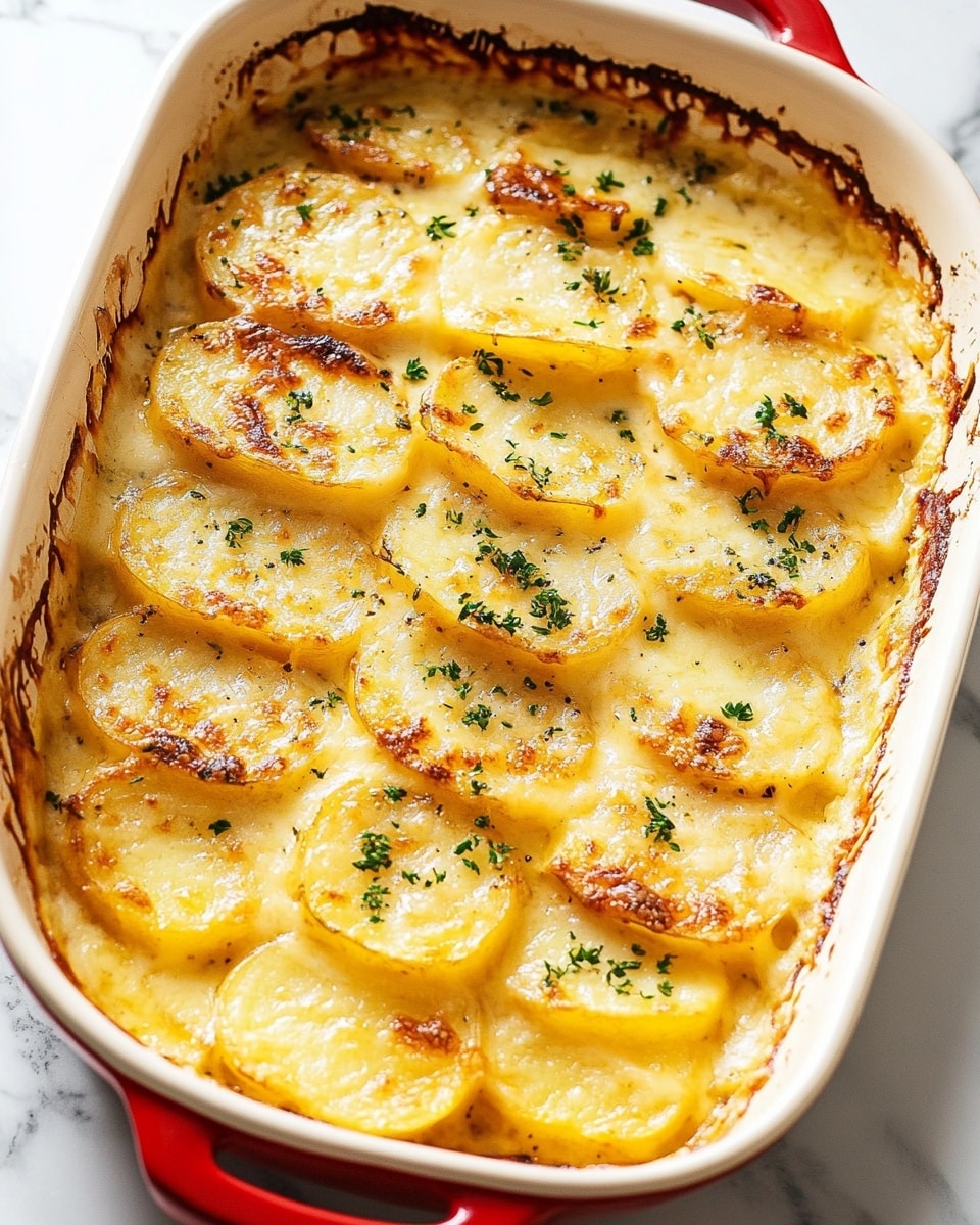 Easy Cheesy Scalloped Potatoes, cheesy scalloped potatoes, creamy potato side dish, easy comfort food recipes, cheesy potato casserole The image shows a casserole dish with a golden baked potato dish inside. The dish has multiple thin layers of potato slices, arranged in neat rows that overlap slightly. The potatoes are cooked until soft and covered with a creamy, melted cheese sauce that has browned spots on the top edges, giving a crispy texture. Small green herbs are sprinkled over the entire dish for a fresh touch. The casserole dish is cream-colored with red handles, placed on a white marbled surface.