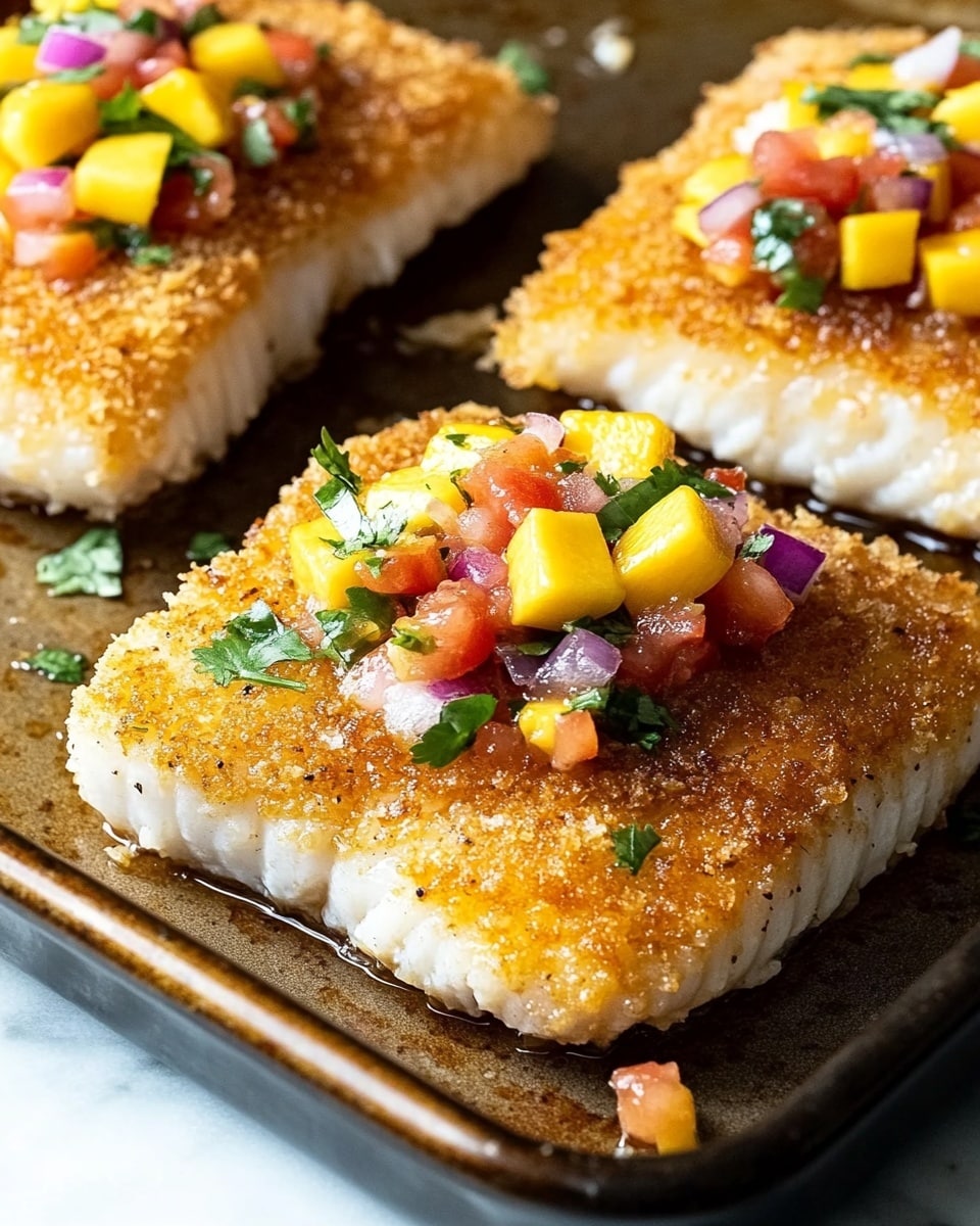 Two pieces of golden-brown crusted fish fillets sit on white parchment paper on a baking tray, each topped with a colorful salsa made of small diced yellow mango, red tomato, purple onion, and green herbs. The fish has a rough, crispy texture and shows the white flaky flesh underneath at the edges. Small bits of salsa are scattered around the fillets on the tray, which rests on a white marbled surface. photo taken with an iphone --ar 4:5 --v 6.1