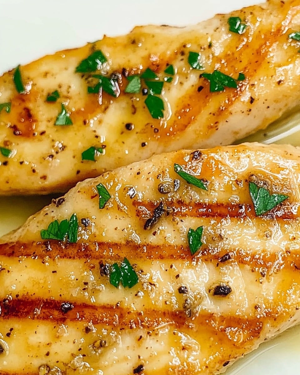 The image shows a close-up of two golden brown cooked chicken fillets on a white plate, with steam or light sauce moisture visible on the surface, giving a shiny look. Each fillet has light grill marks and is sprinkled with small green herb pieces like parsley, along with black pepper flakes scattered over the top. The texture of the chicken looks tender and juicy, with slight browning adding appetizing color contrast against the white plate beneath. The background has a white marbled texture. photo taken with an iphone --ar 4:5 --v 6.1