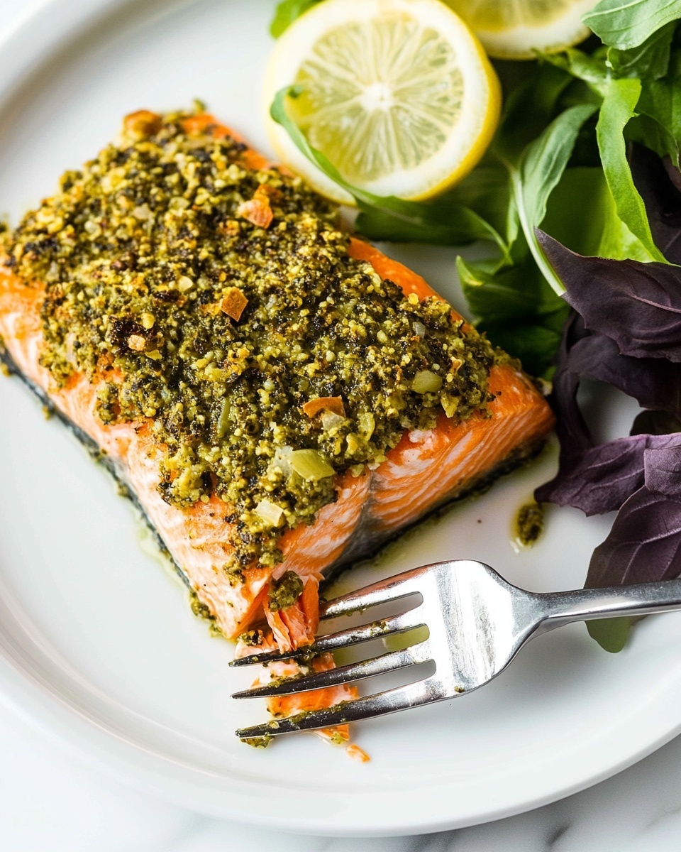 A piece of cooked salmon with a greenish-brown nut crust on top, showing small nut pieces tightly packed on the surface. The salmon has a pink-orange color near the bottom with a flaky texture visible at the edges. It is placed on a white plate with a thin silver rim. On one side of the salmon, there are a few slices of yellow lemon, and on the other side, fresh green leafy lettuce adds color contrast. A woman's hand is holding a fork, pressing down gently on the crust. The plate is set on a white marbled surface. Photo taken with an iphone --ar 4:5 --v 6.1