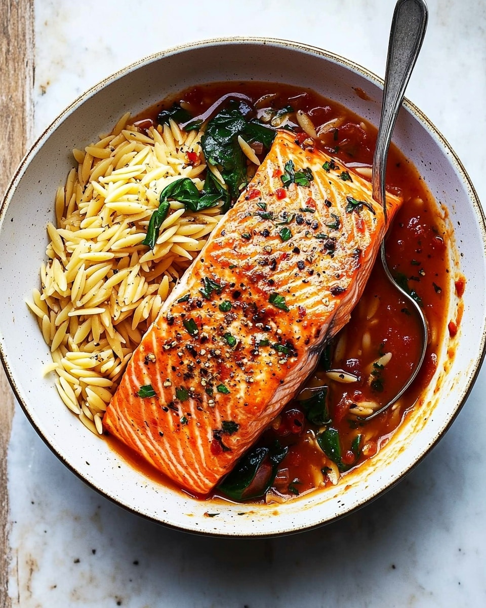 A white bowl sits on a white marbled surface, filled with a serving of orzo pasta on the left side, pale yellow and slightly glossy with a few green herb bits sprinkled on top. On the right side, a piece of cooked salmon with a pinkish-orange color and a slightly charred surface rests on a bed of red tomato sauce mixed with dark green spinach leaves and small bits of herbs and spices. The sauce surrounds the salmon and pools slightly around the orzo. A spoon is placed on the right edge of the bowl, partially submerged in the sauce. The food is topped with cracked black pepper and red chili flakes scattered across the salmon and pasta. Photo taken with an iphone --ar 4:5 --v 6.1