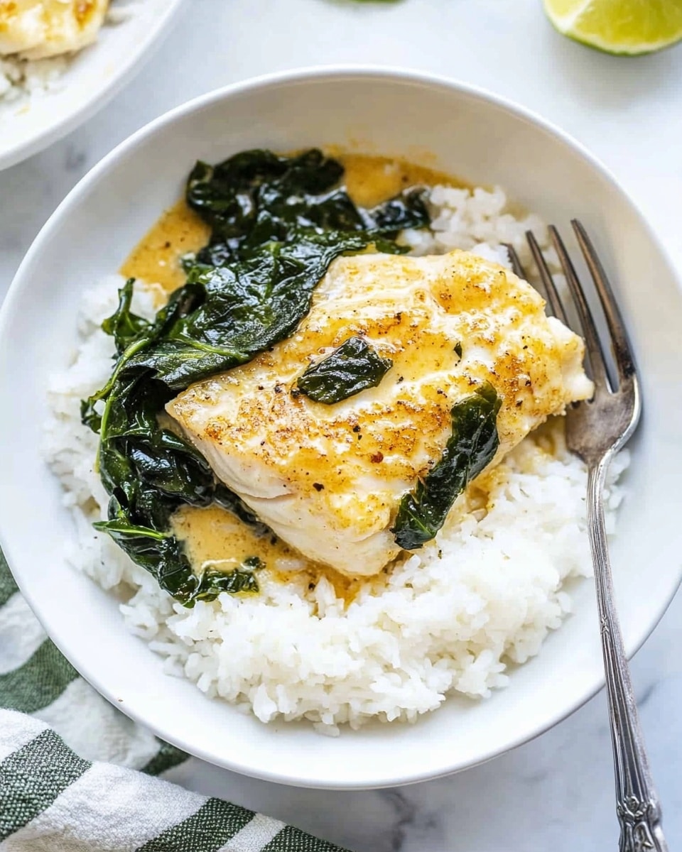 A white bowl filled with two main layers, the bottom layer is fluffy white rice with distinct grains, covering about half of the bowl. The top layer is a piece of cooked light golden-yellow fish with a slightly rough texture, partly covered with glossy dark green wilted leaves and a thin layer of light golden sauce pooling slightly around the fish. A silver fork rests on the edge of the bowl. Part of another white bowl with rice and the same dark green leaves is visible at the top right corner. The setting is on a white marbled surface with a green and white striped cloth nearby and a small green citrus wedge near the top edge of the image, photo taken with an iphone --ar 4:5 --v 6.1