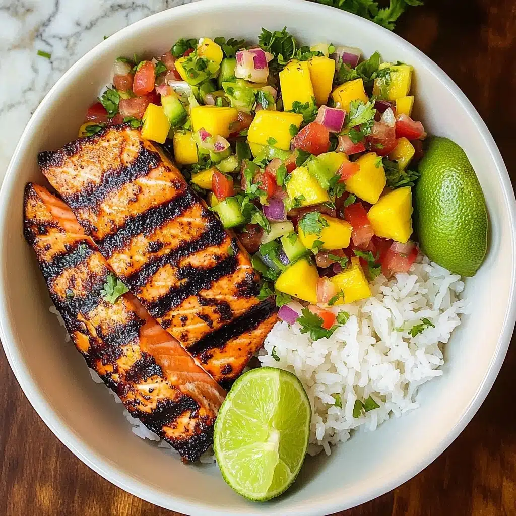 Grilled Salmon with Mango Salsa and Coconut Rice Recipe - Recipe Image