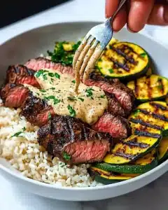 Grilled Steak Bowl with Creamy Sauce & Grilled Zucchini Recipe