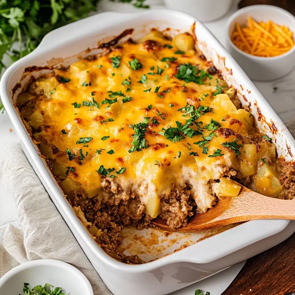 Ground Beef Casserole, 5-Ingredient Ground Beef Meal, Easy Ground Beef Dinner, Quick Ground Beef Casserole, Family-Friendly Ground Beef Dish A white rectangular baking dish sits on a white marbled texture surface, filled with a layered casserole. The bottom layer is a mix of diced light yellow potatoes and browned ground meat. The top layer is golden and bubbly, covered with melted cheddar cheese and sprinkled with small, fresh green parsley leaves. A large wooden spoon rests in the dish, revealing the creamy, cheesy filling and the chunky texture of the potato and meat mixture underneath. The surrounding scene includes small white bowls with shredded cheddar, chopped green herbs, and a bit of pink seasoning.