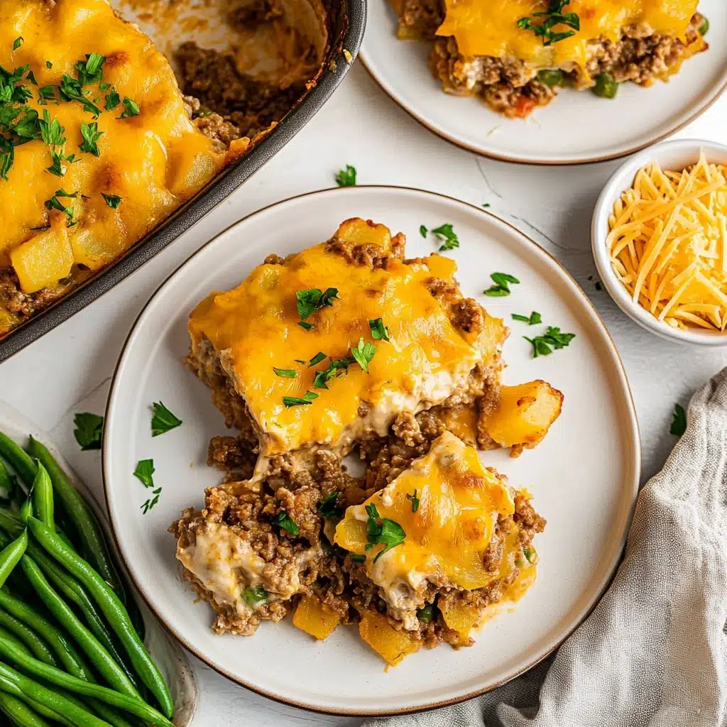 Ground Beef Casserole, 5-Ingredient Ground Beef Meal, Easy Ground Beef Dinner, Quick Ground Beef Casserole, Family-Friendly Ground Beef Dish This image shows a homey cheesy casserole with three visible layers: the bottom layer is a golden baked mix of cubed potatoes, the middle layer is a coarse brown and slightly crumbly ground meat blend, and the top layer is a thick coat of melted yellow cheddar cheese, slightly toasted and speckled with chopped green herbs. The casserole is served on two white plates, each with a generous scoop of the casserole on one side and a neat pile of bright green beans on the other. The background is a white marbled texture, and the photo includes small bowls of shredded cheese and chopped herbs.