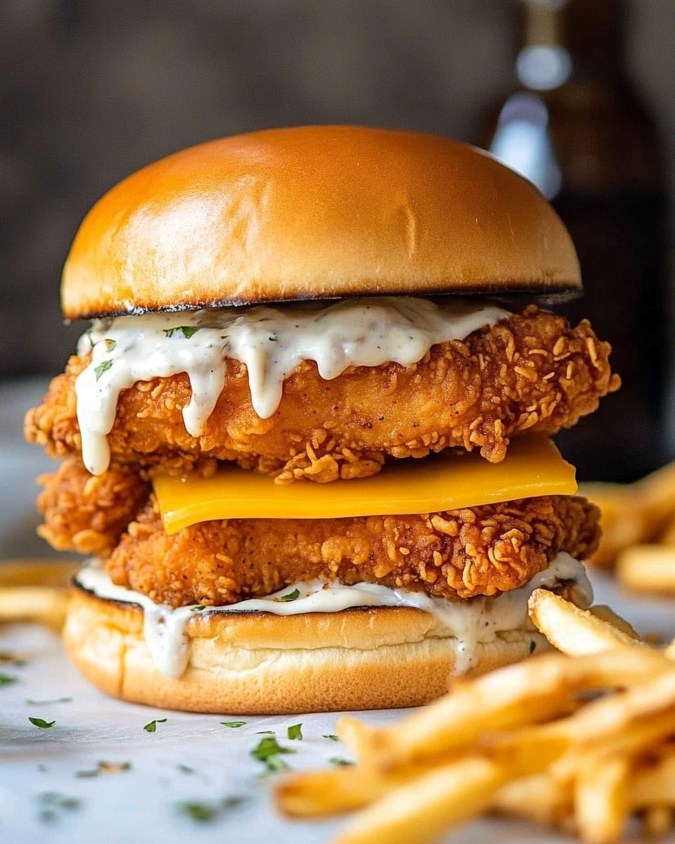 Homemade Baked Filet-O-Fish Burger, crispy fish fillets, tartare sauce recipe, healthy fish burger, DIY fish sandwich The image shows a close-up view of two sandwiches stacked vertically on a white marbled surface. The top sandwich is cut in half to reveal three layers: a light brown soft bun on top, a thick middle layer of white flaky fish with a crispy golden-brown breading, and a bottom layer of the same soft bun. There is a light spread of white sauce between the fish and the top bun. The bottom sandwich is whole, featuring a similar soft, light brown bun with visible crumbs, and the edges of the crispy golden-brown fish peeking out. The background is softly blurred with warm tones.