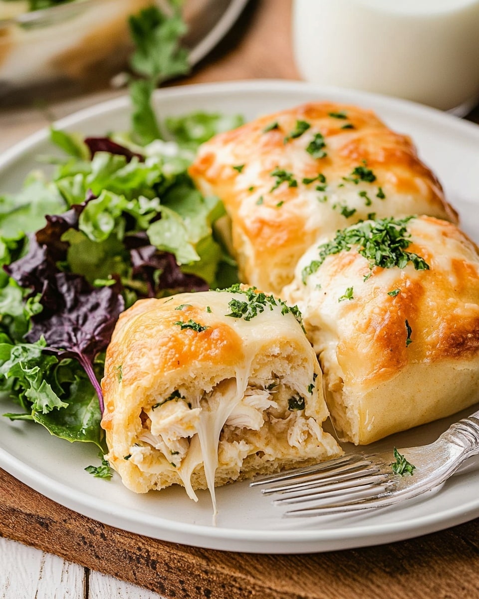 Cheesy Chicken Crescent Roll Bake, easy chicken crescent bake, comforting weeknight dinner, cheesy chicken casserole, crowd-pleasing chicken dish A white plate holds two golden brown stuffed rolls covered with melted white cheese and small green herb pieces on top, one roll shows a soft inside filled with shredded chicken. Next to the rolls is a fresh salad with mixed greens including dark and light green leaves, some purple pieces, and creamy white dressing drizzled over. A silver fork rests on the plate with a bite-sized piece of the stuffed roll, and a glass of white milk is partially visible on a wooden surface beside the plate. The background has a white marbled texture.