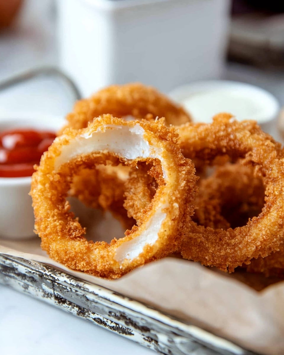Fried Homemade Onion Rings, crispy onion rings recipe, homemade onion rings, how to make onion rings, best onion rings A shiny metal tray lined with paper that looks like vintage newspaper holds many crispy, golden-brown onion rings. The onion rings are stacked in loose layers, some overlapping, showing a crunchy, textured surface with a warm color mix of light and darker golden shades. Around the tray, there are three small round white bowls with different sauces: one red, one creamy beige, and one white. The whole setup is on a white marbled surface with some scattered newspaper sheets and a grey cloth nearby.