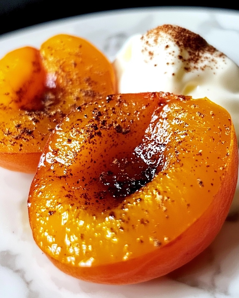 Pan-Fried Caramelized Peaches with Cinnamon and Ginger, caramelized peach dessert, easy peach recipe, summer fruit dessert, cinnamon ginger peaches The image shows two halves of cooked apricot, bright orange with a glistening, slightly caramelized surface with specks of dark brown seasoning on top. Behind the apricots is a small dollop of white cream sprinkled lightly with brown powder. The dish sits on a white plate over a white marbled surface, with a close-up focus capturing the glossy texture and warm colors.