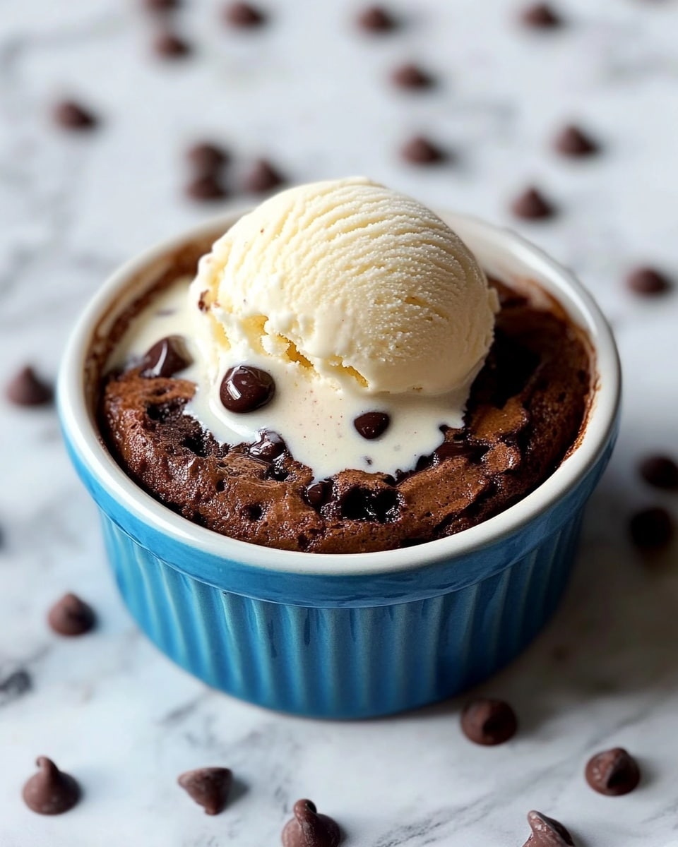 Single Serving Molten Lava Cake, molten lava cake recipe, easy chocolate lava cake, individual chocolate dessert, quick molten lava cake A small white bowl with a blue outer side holds a warm chocolate dessert with a dark brown, soft, and slightly bubbly surface. On top is a thick, creamy layer of white ice cream melting into the chocolate. A golden spoon scoops a portion that shows both the cold, smooth white ice cream and the rich, dark brown chocolate. Around the bowl on a white marbled surface, there are scattered dark brown chocolate chips.