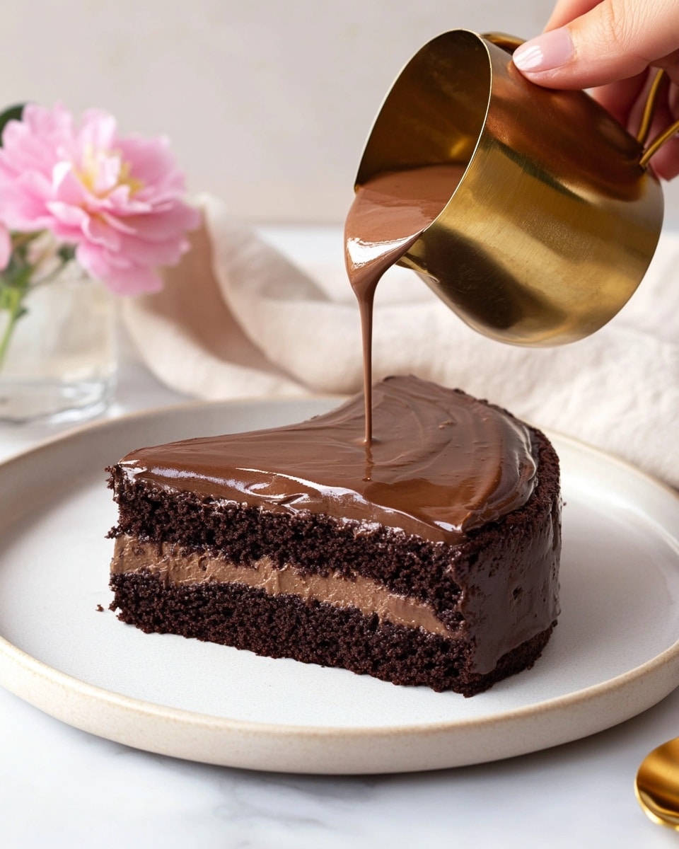 Moelleux au Chocolat, molten chocolate cake, chocolate dessert, easy chocolate cake, homemade chocolate fondant A close-up of a rich chocolate dessert with two main layers, the bottom layer is a dense, moist chocolate cake base in dark brown, topped with a shiny, smooth, and gooey chocolate layer that slightly drips and glistens in the light. The dessert sits in a shallow pool of light cream sauce on a white plate, and a silver spoon scoops a piece of the soft chocolate, showing the dense texture. The background has a soft, beige fabric that adds warm tones.