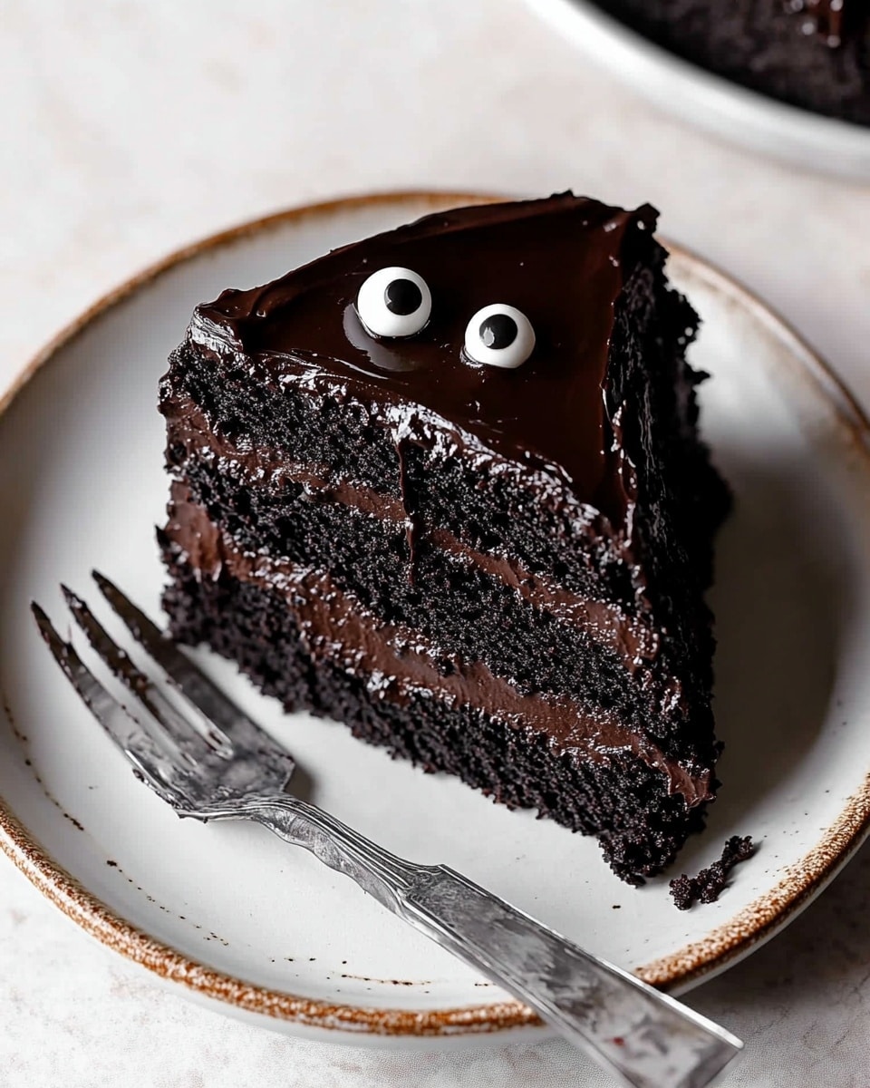 Black Velvet Cake, dark chocolate cake, black cocoa cake, decadent chocolate dessert, homemade black velvet cake A slice of dark chocolate cake with two thick layers of moist, rich black cake separated by a shiny, smooth layer of dark chocolate frosting, topped with the same glossy frosting spread unevenly on top; two small white candy eyes sit on the frosting near the top edge. The slice is placed on a white round plate with a thin brown rim, and a silver fork holds a bite of the cake at the front edge. The plate rests on a white marbled surface.